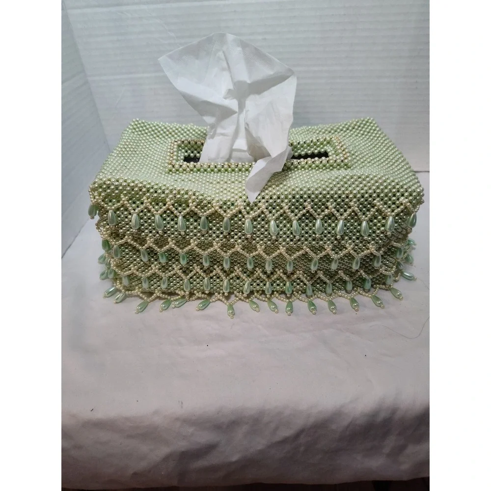 Handmade Green & White Beaded Tissue Box Cover 9.5